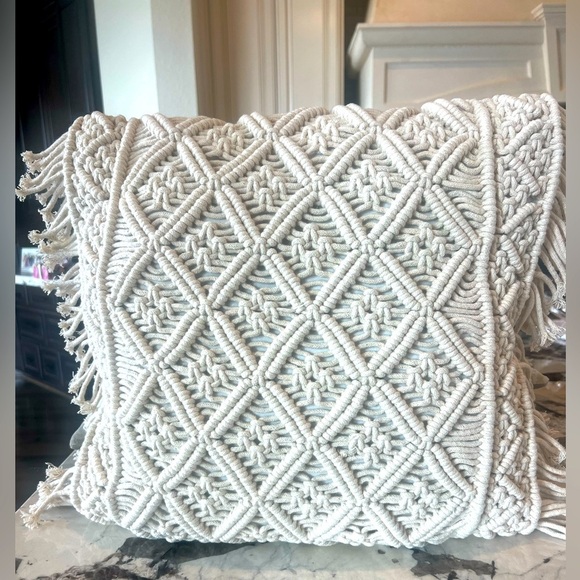 Accent Pillow- Crochet Fringe- Cream/Tan- 16”x16” - Picture 1 of 3